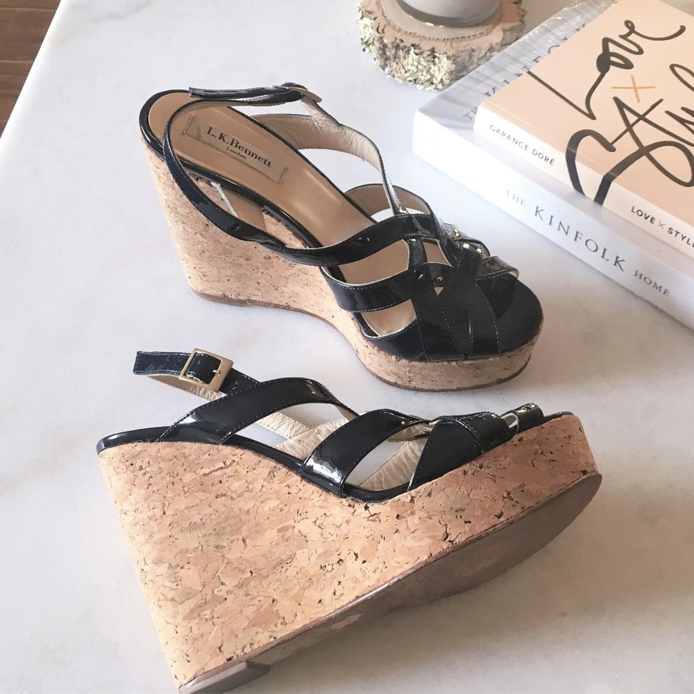 LK Bennett navy patent cork wedge platform sandals